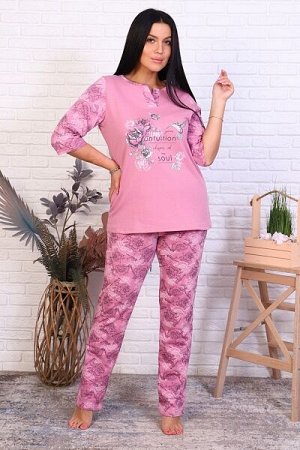 Пижама с брюками футер с начёсом, принт, сухая роза  (790-2)