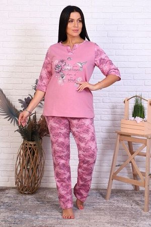 Пижама с брюками футер с начёсом, принт, сухая роза  (790-2)
