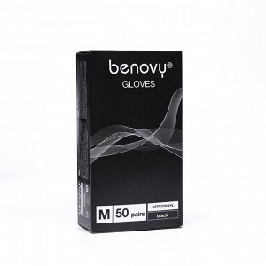 Перчатки Benovy Nitrovinyl нитровиниловые, гладкие, черные, размер M, 50 пар в упаковке