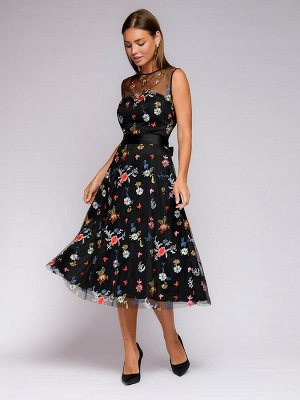 Платье черное длины миди с цветочной вышивкой