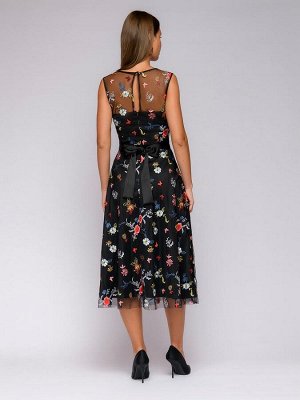 Платье черное длины миди с цветочной вышивкой