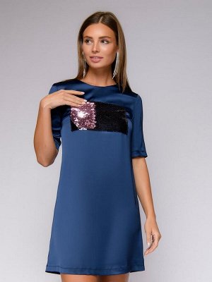 Платье темно-синее длины мини со вставкой из двухцветных розово-синих пайеток
