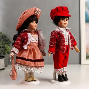 Кукла коллекционная парочка набор 2 шт "Наташа и Олег в розово-бордовых нарядах" 30 см