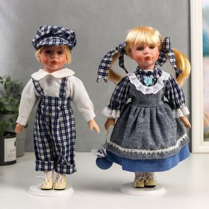 Кукла коллекционная парочка набор 2 шт "Аня и Андрей в нарядах в сине-белую клетку" 30 см