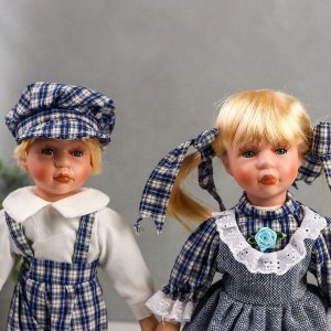Кукла коллекционная парочка набор 2 шт "Аня и Андрей в нарядах в сине-белую клетку" 30 см