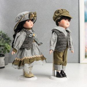 Кукла коллекционная парочка набор 2 шт "Марина и Паша в нарядах в зелёную полоску" 30 см