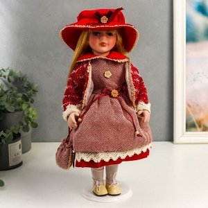 Кукла коллекционная керамика &quot;Машенька в коралловом платье и бордовом жакете&quot; 40 см