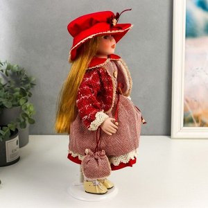 Кукла коллекционная керамика "Машенька в коралловом платье и бордовом жакете" 40 см