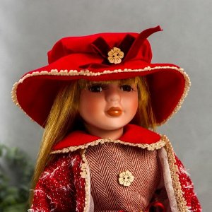 Кукла коллекционная керамика "Машенька в коралловом платье и бордовом жакете" 40 см