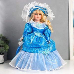 Кукла коллекционная керамика "Леди Олеся в голубом платье с цветами" 40 см