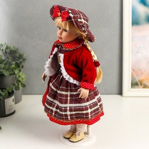 Кукла коллекционная керамика "Инга в красном, платье в горох и клетку"" 40 см