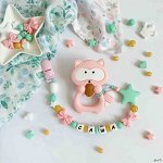 Прорезыватель силиконовый грызунок нежное золото, клипса: Розовая пластиковая, грызунок: Нежно-розовый енотик
