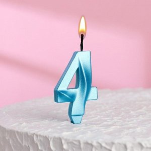 Свеча в торт "Грань", цифра "4", голубой металлик, 7.8 см