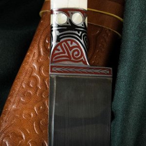 Нож Пчак Шархон - кость, ёрма сапожок "Мехенди" гарда олово, гравировка с садафом, 17 см