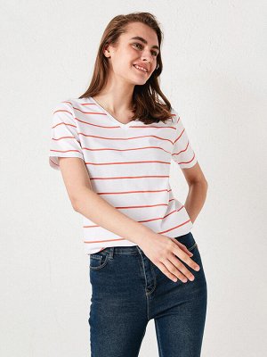 BASIC женская футболка в полоску из хлопка c V-образным вырезом и с коротким рукавом