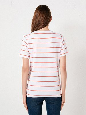 BASIC женская футболка в полоску из хлопка c V-образным вырезом и с коротким рукавом
