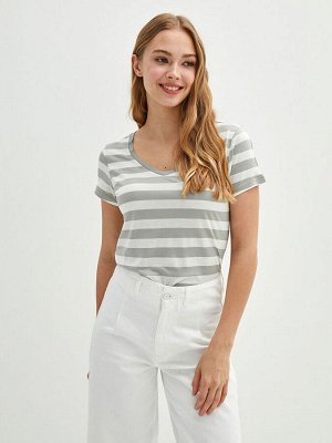 CASUAL Женская футболка с коротким рукавом в полоску с V-образным вырезом
