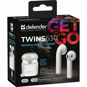 Наушники с микрофоном (гарнитура) DEFENDER TWINS 630, Bluetooth, беспроводные, белые, 63630