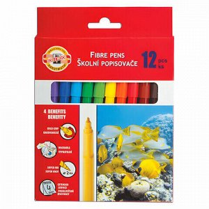 Фломастеры KOH-I-NOOR "Рыбки", 12 цветов, смываемые, трехгранные, картонная упаковка, европодвес, 771002AB05KS