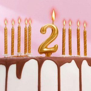 Набор свечей для торта (2 в 1) золотая Цифра "2" + Свечи "С Днём Рождения" золотые 10 шт, 7 см 71508