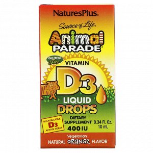Nature's Plus, Source of Life, Animal Parade, витамин D3 в каплях, с натуральным апельсиновым вкусом, 400 МЕ, 10 мл (0,34 жидк. унции)