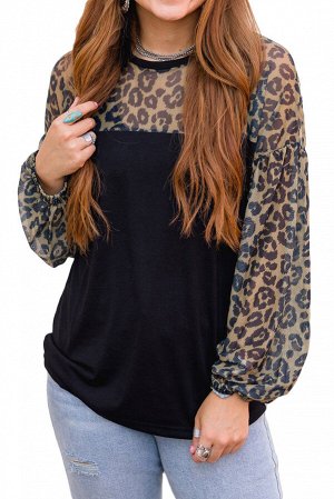 Черная блуза с пышными рукавами с леопардовым принтом