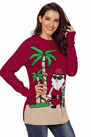 Бордовый свитер с Сантой и пальмами
