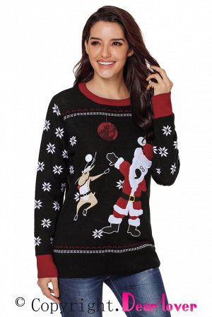 Черный свитер с Сантой, оленем и снежинками