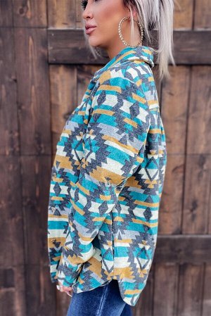 Бирюзово-горчичная куртка-рубашка разноцветным ацтекским принтом