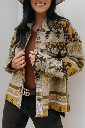 Горчичная куртка оверсайз с ацтекским принтом в стиле ретро