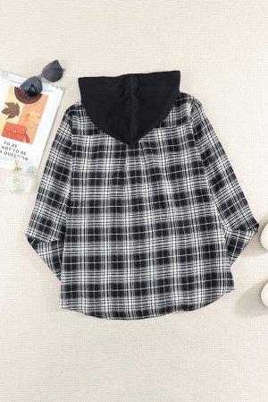 Black Drawstring Plaid Hooded Shirt Coat