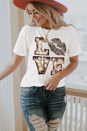 Белая футболка с леопардовой надписью: Love
