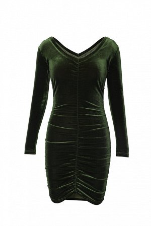 Темно-зеленое вельветовое платье с V-образным вырезом и сборками