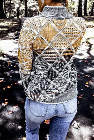 VitoRicci Желто-серый свитер с высоким воротником и геометрическим узором