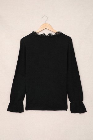 Черный свитер с глубоким V-образным вырезом с кружевной отделкой