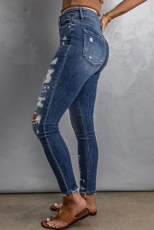 Синие рваные облегающие  джинсы с завышенной талией