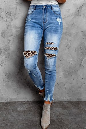 Голубые облегающие джинсы с высокой талией и разрезами на коленях с леопардовыми заплатками