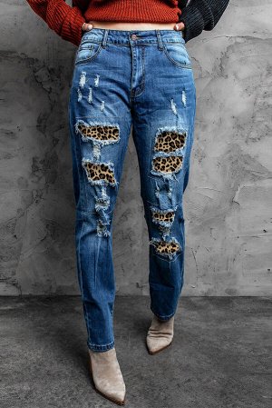 Голубые прямые рваные джинсы с заплатками с леопардовым принтом в стиле пэчворк