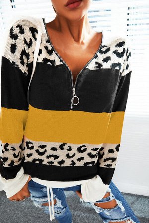 Желто-черный свитер с V-образным вырезом на молнии и леопардовым принтом