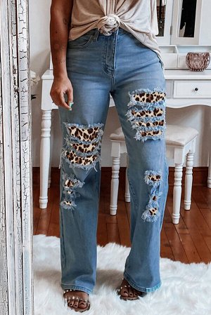 Голубые прямые джинсы с заплатками с леопардовым принтом в стиле пэчворк