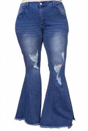Синие джинсы-клеш плюс сайз с дырками на коленях
