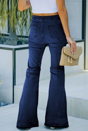Синие однотонные джинсы-клеш с высокой талией и карманами