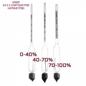 Набор спиртомеров 3 шт: 0-40, 40-70, 70-100, + жидкостный термометр