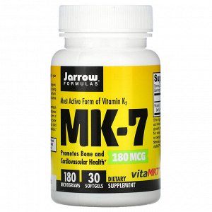 Jarrow Formulas, MK-7, самая активная форма витамина K2, 180 мкг, 30 мягких таблеток