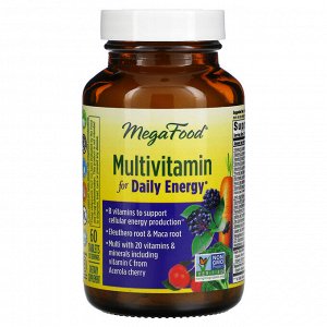 MegaFood, Описание
*	Business for Good
*	B Vitamins to Support Cellular Energy Production
*	Eleuthero Root & Maca Root
*	Multi with 20 Vitamins & Minerals Including Vitamin C from Acerola Cherry
*	Non