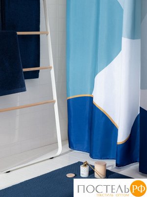 TK20-BM0002_SC0003 Набор из коврика для ванной из чесаного хлопка и шторы для ванной синего цвета