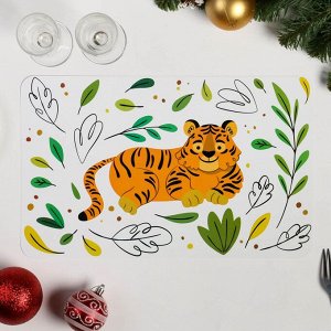 Салфетка на стол "Тигр" нарисованный символ года, листья, белый фон, ПВХ, 40 х 25 см, 7111069
