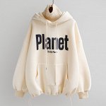 Толстовка женская утепленная с воротником и надписью &quot;Planet&quot;, цвет кремовый