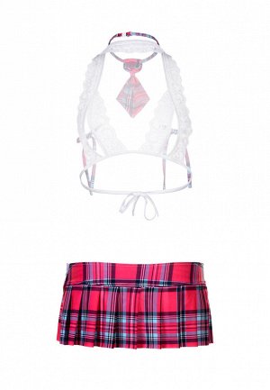 Костюм школьницы Candy Girl Alexis (топ, юбка, галстук), трикотаж, кружево, розовый, OS