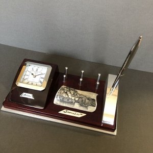 Скримшоу, настольный набор с часами и ручкой, натуральный камень.